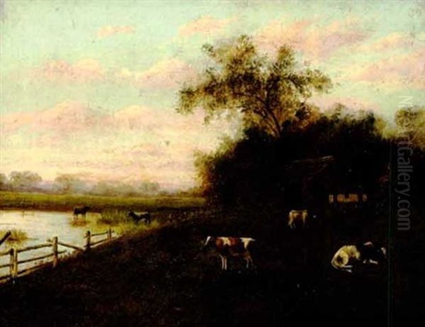 Cattle And A River With A Farmhouse - view 1