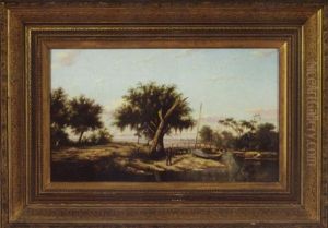 Fisherman And Footbridge At Bayou Indian Near New Orleans, Lake Pontchartrain And The Piers Of Spanish Fort Resort In Distance by William Henry Buck