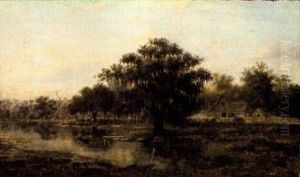 Louisiana Bayou Farm (bayou Teche?) With Majestic Oak Tree, Fisherman In Rowboat, Fenced Cabins And Out-buildings, And Cattle