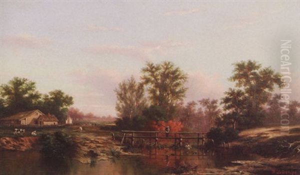 Louisiana Farm Landscape With Man Fishing From Bridge - view 1