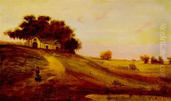 Louisiana Landscape With Figure On Path And Barn Beyond - view 1