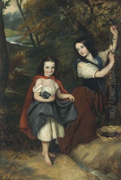 Two Girls Picking Berries In An Extensive Landscape - view 1