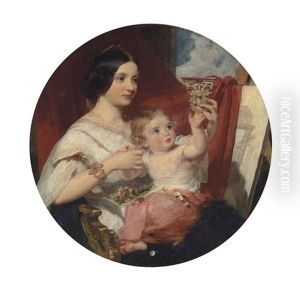 Portrait Of A Mother And Child, Seated Half-length And Full-length, The Child Holding A Small Corinthian Capital Before An Architectural Capriccio On An Easel, In A Painted Circle