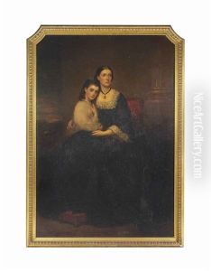 Portrait Of Emily, 1st Vicountess Hambleden, And Her Daughter, Full-length, Seated On A Red Chair by Richard Buckner