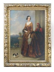 Portrait Of Miss Frances Blagrave, Later Mrs Charles Digby (1809-1849), On A Terrace In An Italian Landscape, With Her Eastern Maid And A Papillon...