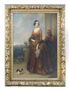 Portrait Of Miss Frances Blagrave, Later Mrs Charles Digby, On A Terrace In An Italian Landscape, With Her Eastern Maid And A Papillon Beside Her