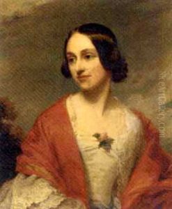 Portrait Of A Lady Wearing A White Dress With Trim And A Red Wrap, With Trees Beyond