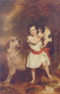 A Young Boy Holding A Puppy With A Dog Beside Him, By A Stream In A Rocky Landscape by Richard Buckner