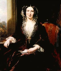 A Portrait Of A Lady Seated On A Chair, Wearing A Burgundy Velvet Dress Trimmed With Lace