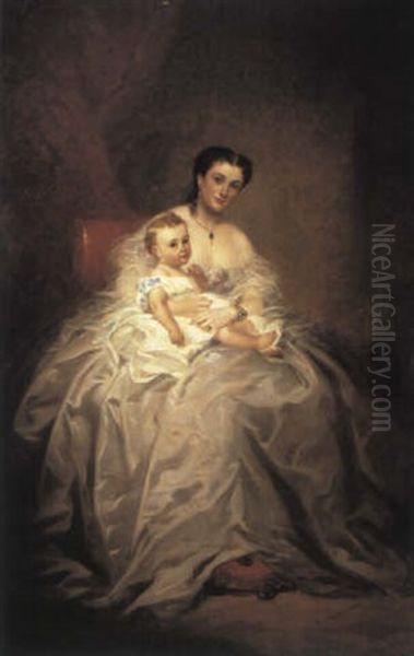 A Portrait Of A Mother And Child Full Lengths In White Gowns In An Interior - view 1