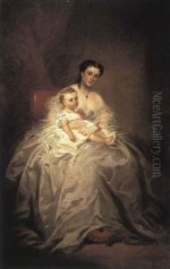 A Portrait Of A Mother And Child Full Lengths In White Gowns In An Interior by Richard Buckner