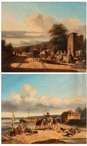 Travelers Receiving Directions From Women At A Well & Figure And Horses Pulling A Boat To Shore (2 Works)