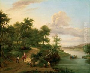 Promeneurs Et Pecheurs Pres D'un Fleuve