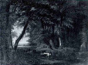 A Wooded Landscape With A Herdsman And His Companion Driving Cattle Towards A Ford