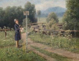 Spazierganger Im Fruhling Vor Einem Wegweiser by Minna Budinszky