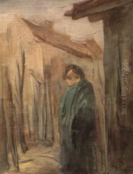Woman With A Green Shawl By The Village Huts - view 1