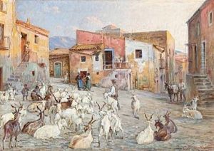 Pladsen I Araberkvarteret I Anticoli, Sicilien. Gederne Samles Til Malkning