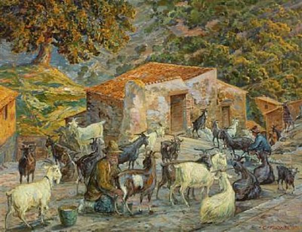 Southern Scenery With A Man Milking Goats - view 1