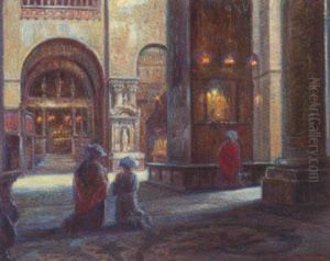 Kirkeinterior Fra San Marco I Venedig Med Knaelende Og Bedende Italienske Kvinder by Carl Budtz-Moller
