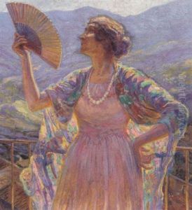 Kunstnerens Hustru Med Vifte Pa En Terrasse, Italien