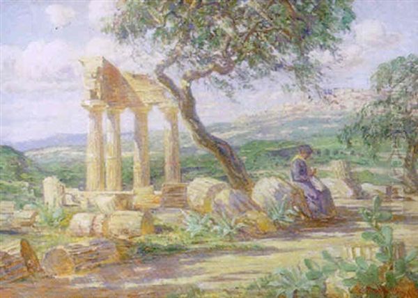 Italiensk Landskab Med Kvinde Og Klassiske Ruiner - view 1