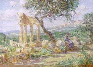 Italiensk Landskab Med Kvinde Og Klassiske Ruiner