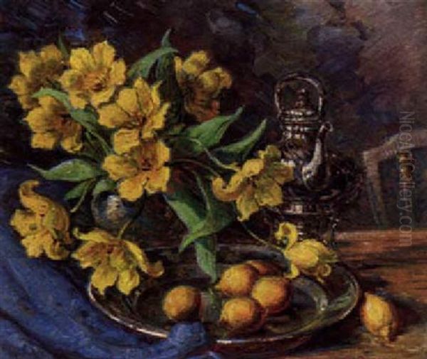 Lemons, Flowers And A Silver Teapot On A Table - view 1
