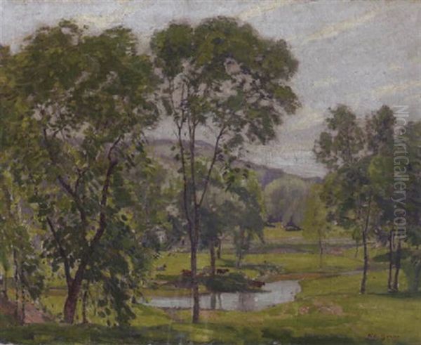 A Spring Landscape With Cows Watering In A Stream - view 1