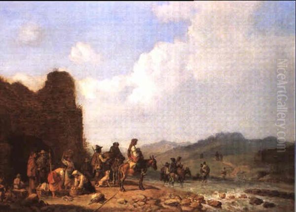 Campagna-landschaft Mit Ziehenden Landleuten Vor Der Ruine An Der Furt - view 1