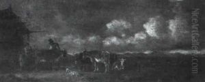 Viehherde Vor Einem Bauernhof by Heinrich Buerkel