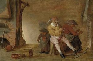 An Elderly Couple By The Fire In An Interior by Jan Jansz Buesem