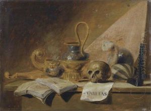 Vanitas Stilleben Mit Buchern, Einer Violine, Einer Laute, Einem Brenner Und Einer Kanne Auf Einem Tisch