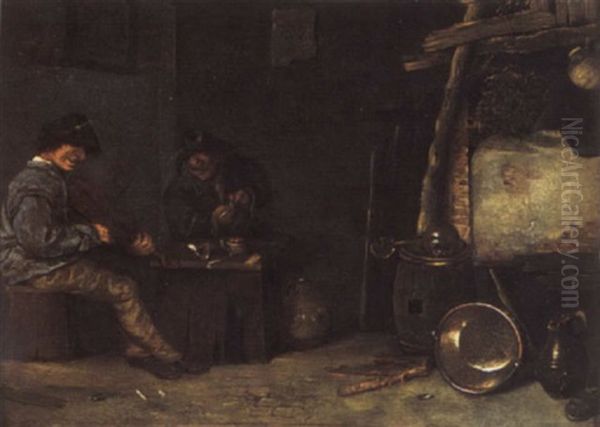 Topers Playing A Violin And Smoking In A Barn - view 1