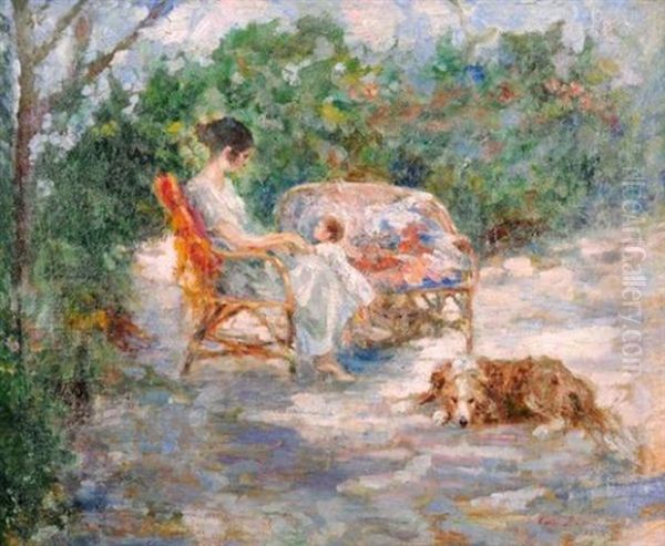 Scene De Famille Dans Un Jardin Fleuri - view 1