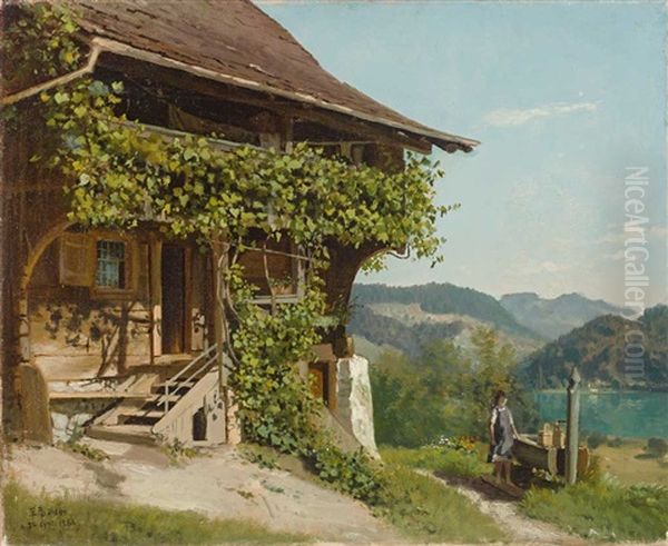 Typisches Bauernhaus Im Berner Oberland Mit Madchen Am Brunnen. Herbstliche Landschaft Mit See Und Bewaldetem Hugel - view 1