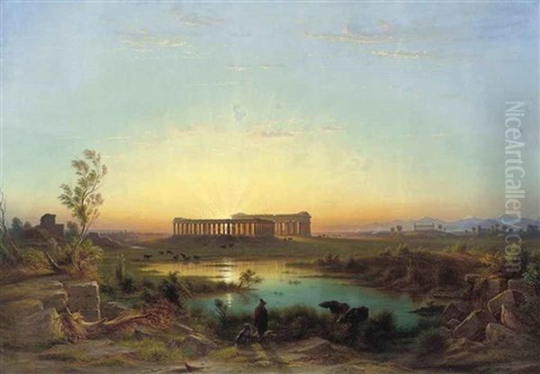 A Herdsman Watering His Cattle At Paestum, Dusk - view 1