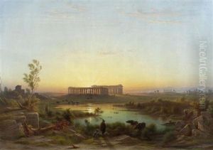 Blick Von Der Alten Stadtmauer Paestums Auf Die Basilica, Den Poseidon- Und Den Athenae-tempel