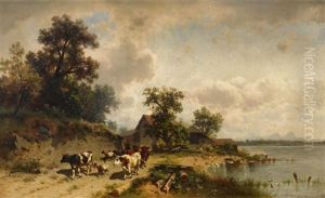 Viehtrieb An Einem Seeufer Im Salzkammergut by Conrad Buehlmayer