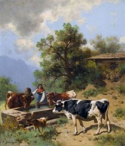 Alpszene Mit Kuhen An Der Tranke by Conrad Buehlmayer