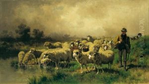 Hirte Mit Einer Schafherde by Conrad Buehlmayer