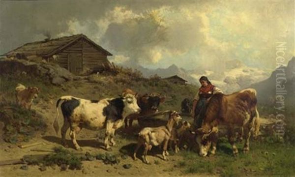 Hirten Mit Kuhen Vor Alpenlandschaft - view 1