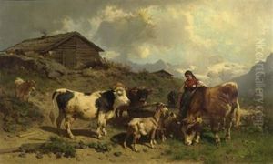 Hirten Mit Kuhen Vor Alpenlandschaft