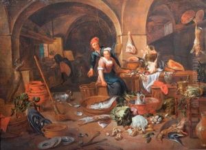 Un Couple A L'interieur D'une Cuisine Avec Une Nature Morte Au Homard Et Aux Artichauts