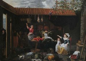 Innenansicht Eines Hofes Mit Kuchenvorraten, Utensilien, Magd Und Hausherrin