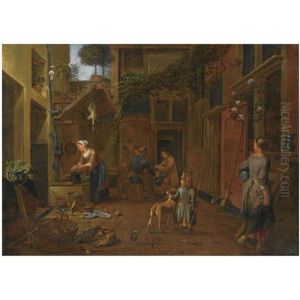 A Courtyard Scene With A Maid Washing Plates, Another Maid Carrying Pots, A Young Boy With A Dog, Other Figures In The Background by Jan Van Buken