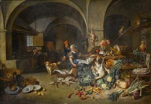 A Couple In A Kitchen Interior With Game, Fish, Vegetables, Pottery And A Dog In The Foreground, A Housemaid Working In The Background by Jan Van Buken