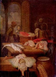 Stilleben Mit Fischen Auf Den Tischen Vorn Und Dahinter Auf Einer Delfter Fayenceplatte by Jan Van Buken