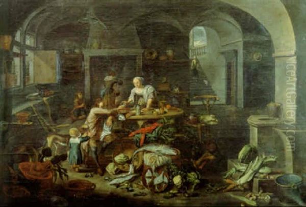 A Sportsman Taking An Oyster From A Maid In A Kitchen - view 1