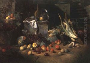 Still Life Of A Bottle, Tazza And Fruit And Vegetables Beneath A Staircase by Jan Van Buken