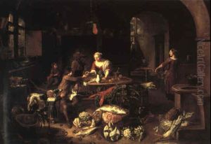 Kitchen Interior With A Servant Receiving Mussels From A Young Man